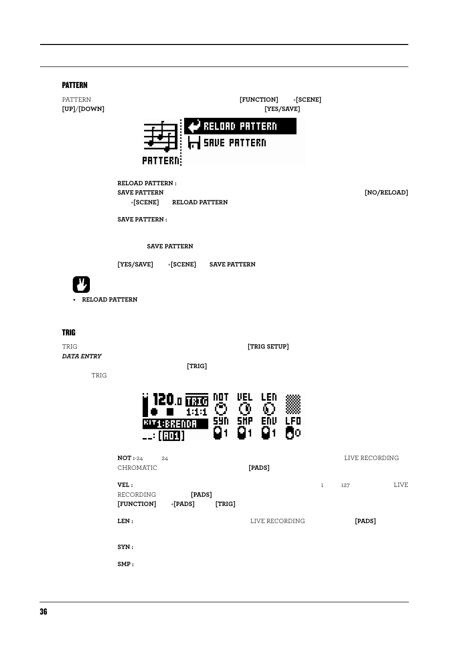 Patternメニュー, Trigメニュー, Pattern | Trig, 36 pattern | Elektron Analog Rytm User Manual | Page 44 / 104