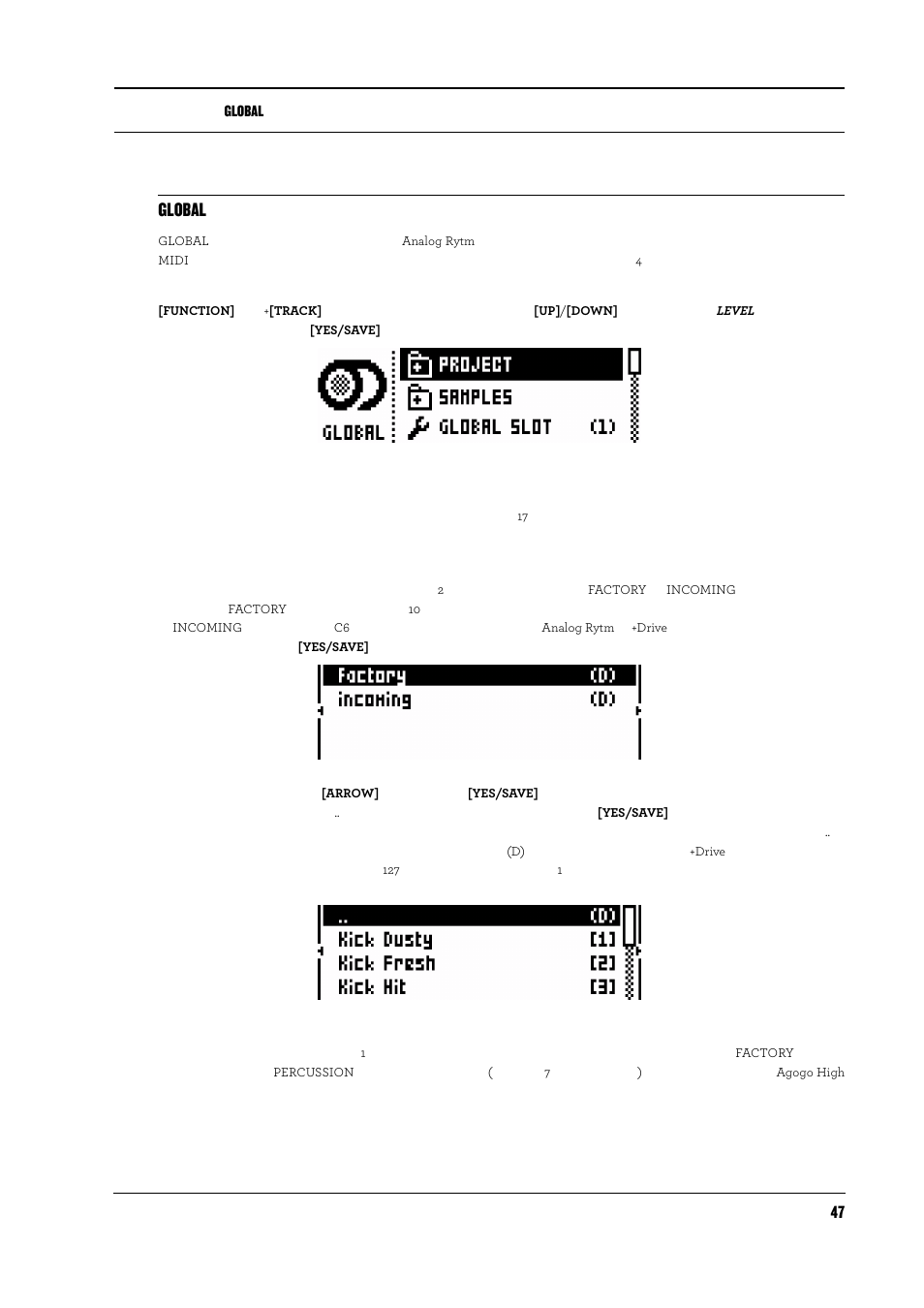 Globalメニュー, プロジェクト, サンプル | サンプルのロード、アンロード、置き換え, Global | Elektron Analog Rytm User Manual | Page 55 / 104