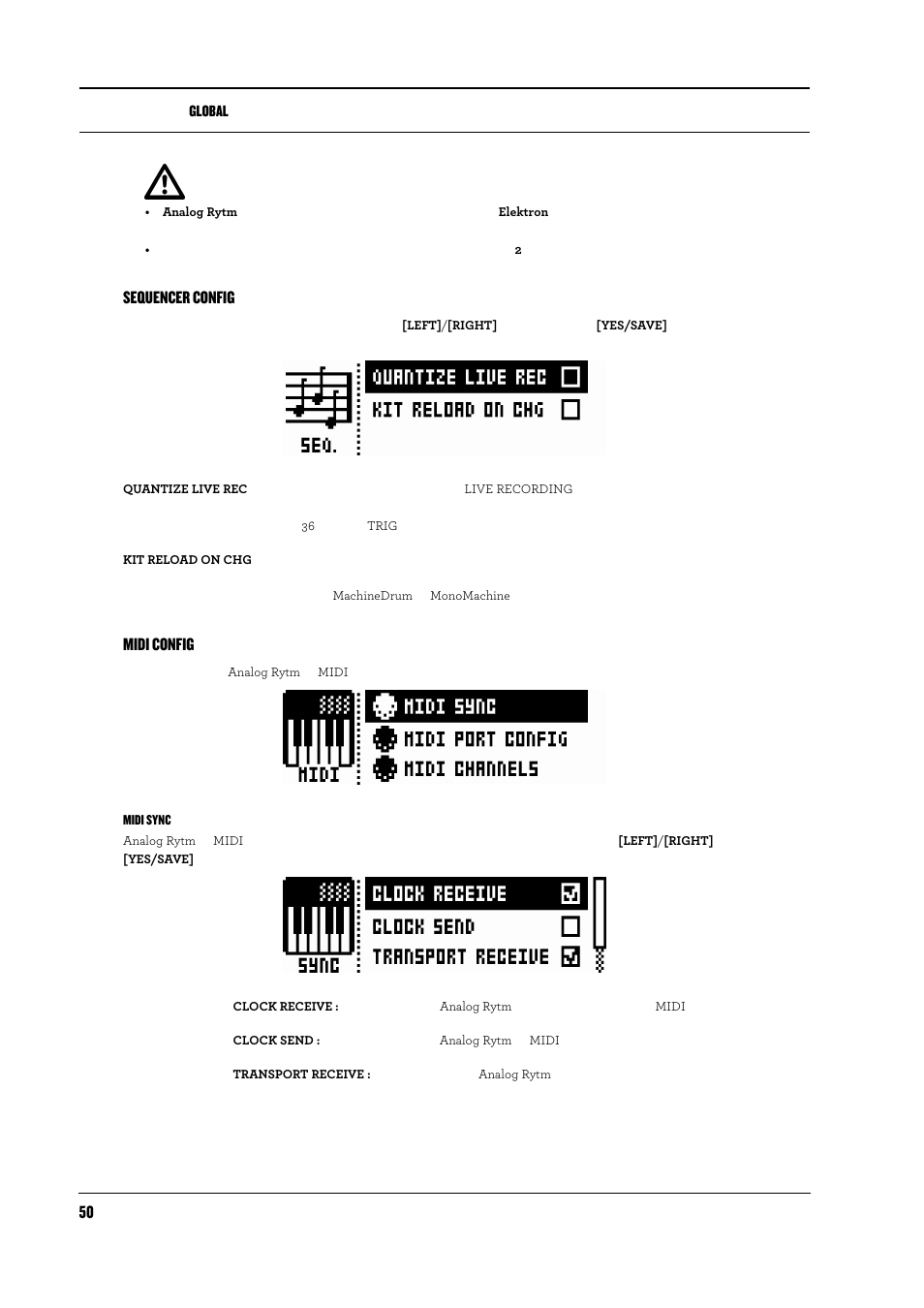 Sequencer config, Midi config, Midi sync | Sequencer config midi config | Elektron Analog Rytm User Manual | Page 58 / 104