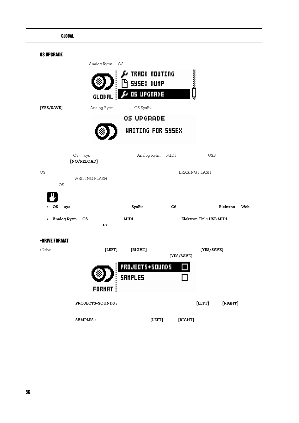 Os upgrade, Drive format, Os upgrade +drive format | 56 os upgrade | Elektron Analog Rytm User Manual | Page 64 / 104