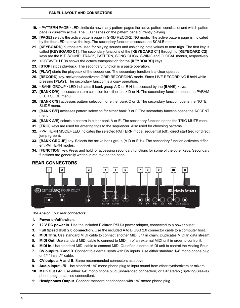 Rear connectors | Elektron Analog Four User Manual | Page 12 / 122