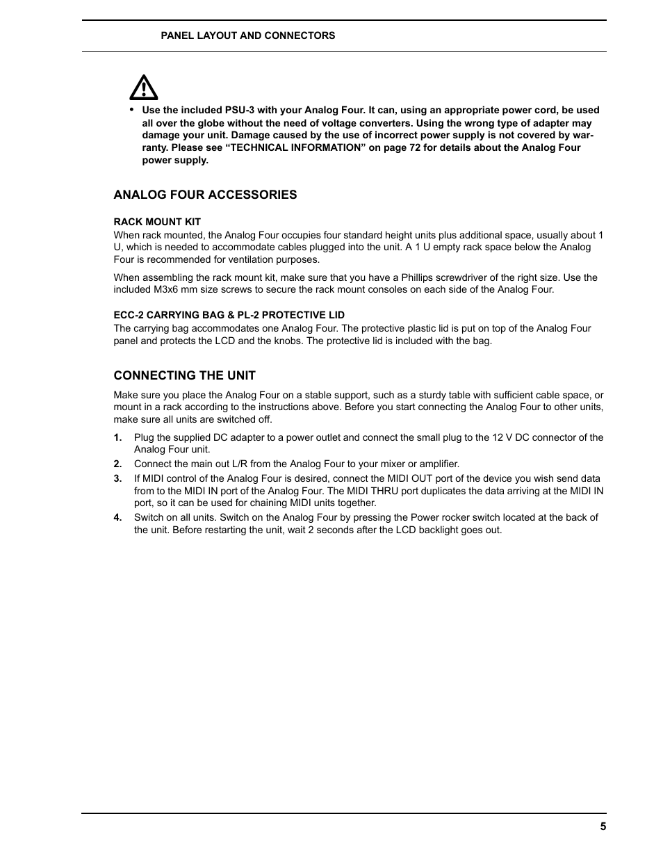 Analog four accessories, Rack mount kit, Ecc-2 carrying bag & pl-2 protective lid | Connecting the unit | Elektron Analog Four User Manual | Page 13 / 122