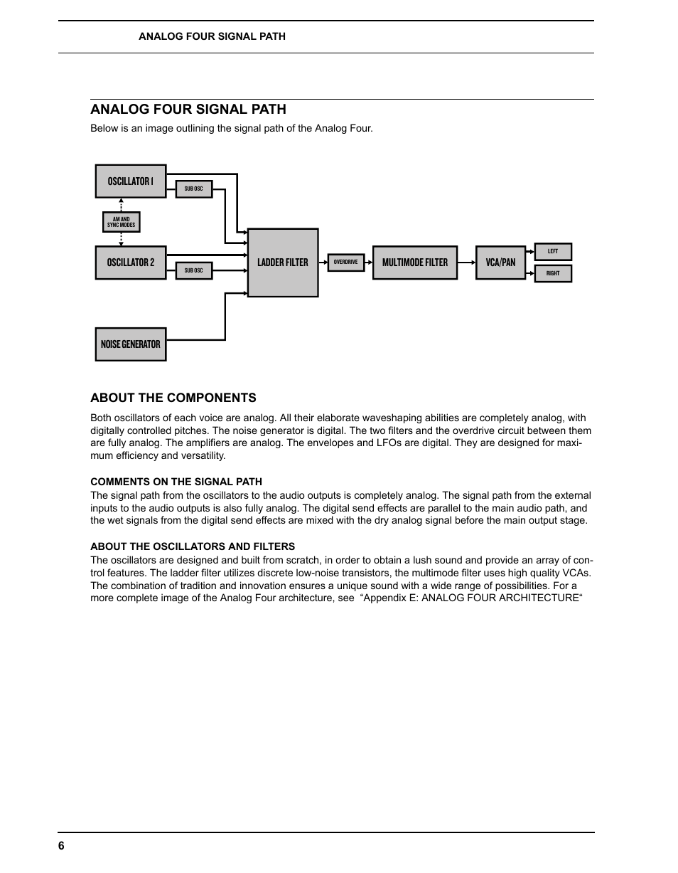 Analog four signal path, About the components, Comments on the signal path | About the oscillators and filters | Elektron Analog Four User Manual | Page 14 / 122