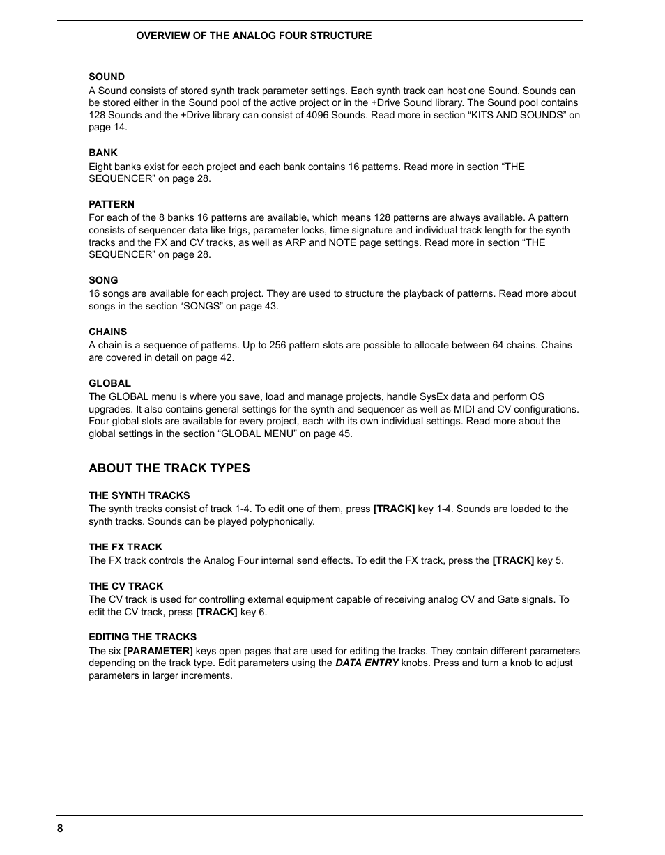 Sound, Bank, Pattern | Song, Chains, Global, About the track types, The synth tracks, The fx track, The cv track | Elektron Analog Four User Manual | Page 16 / 122