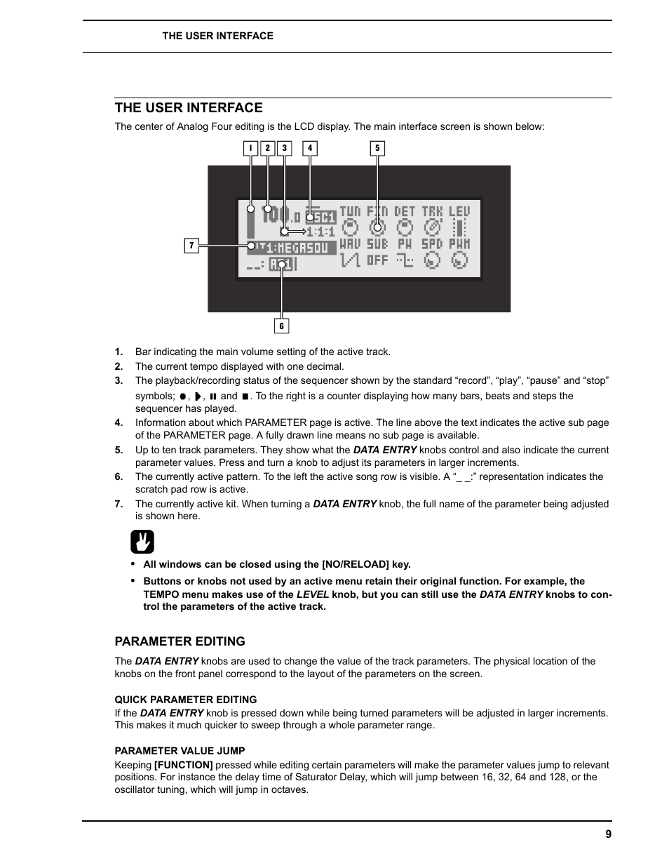 The user interface, Parameter editing, Quick parameter editing | Parameter value jump, Quick parameter editing parameter value jump | Elektron Analog Four User Manual | Page 17 / 122
