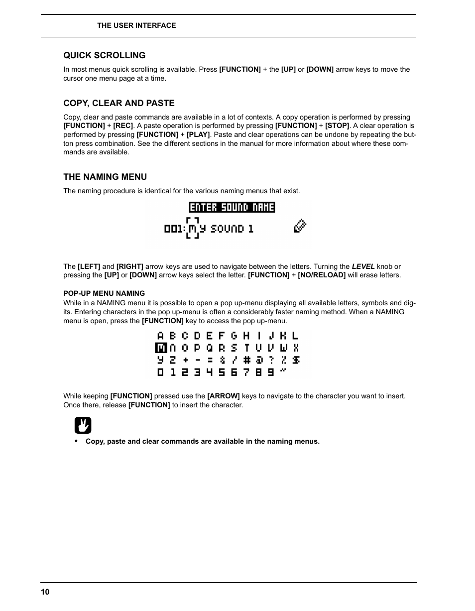 Quick scrolling, Copy, clear and paste, The naming menu | Pop-up menu naming | Elektron Analog Four User Manual | Page 18 / 122