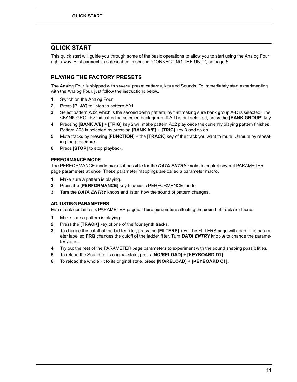 Quick start, Playing the factory presets, Performance mode | Adjusting parameters, Performance mode adjusting parameters | Elektron Analog Four User Manual | Page 19 / 122