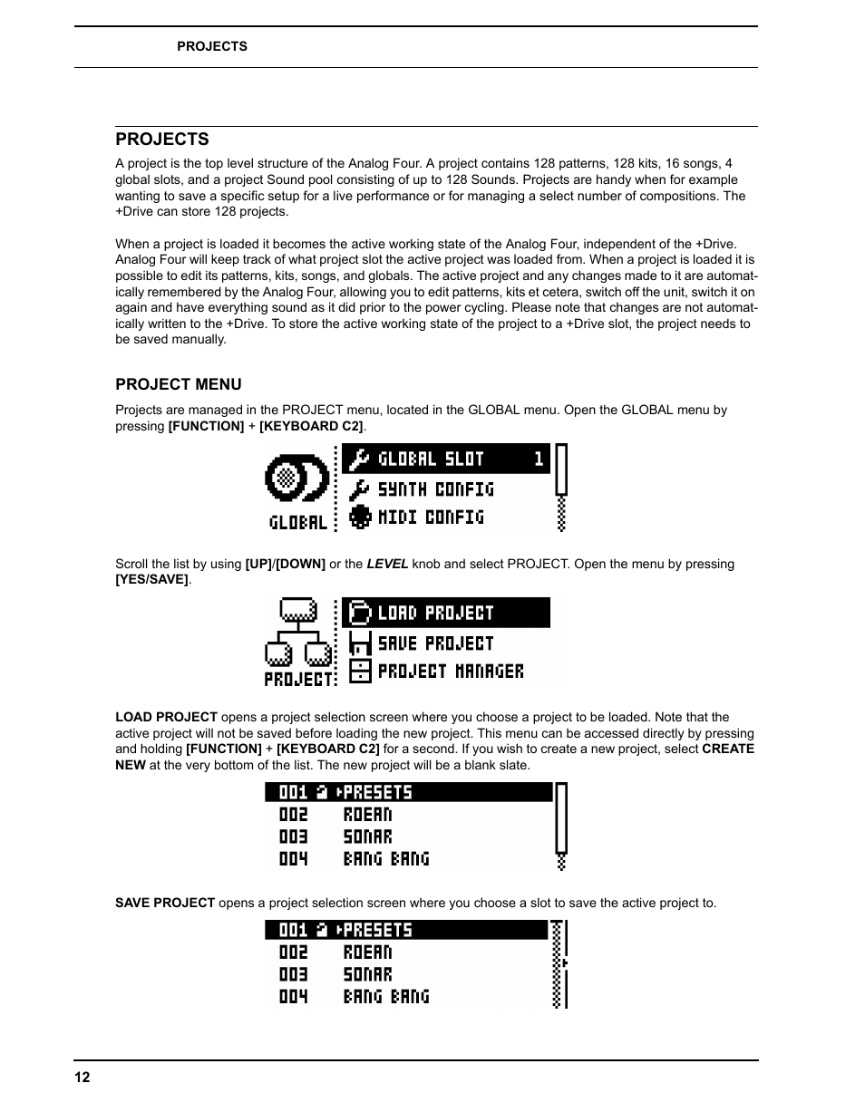 Projects, Project menu | Elektron Analog Four User Manual | Page 20 / 122