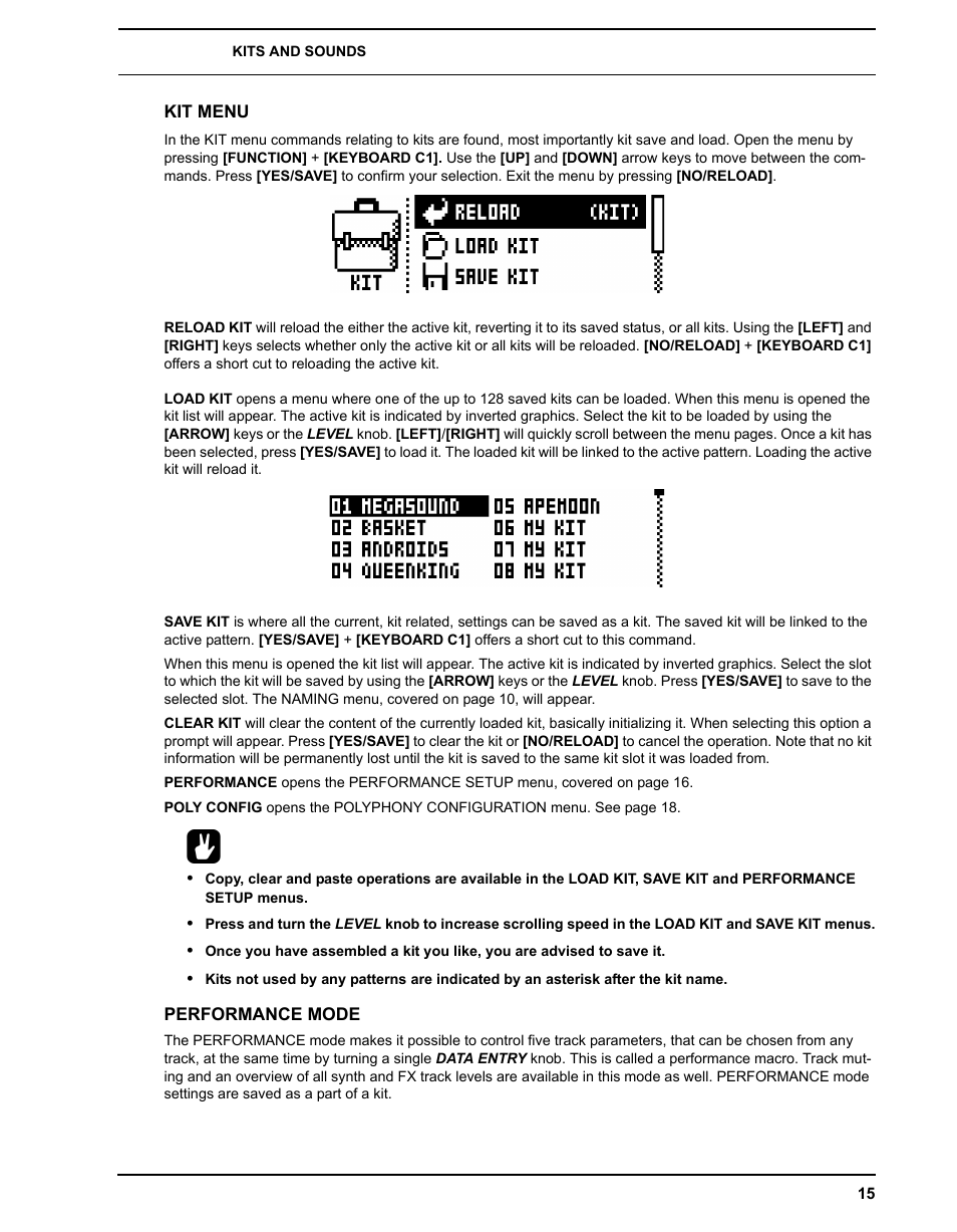 Kit menu, Performance mode, Kit menu performance mode | Elektron Analog Four User Manual | Page 23 / 122