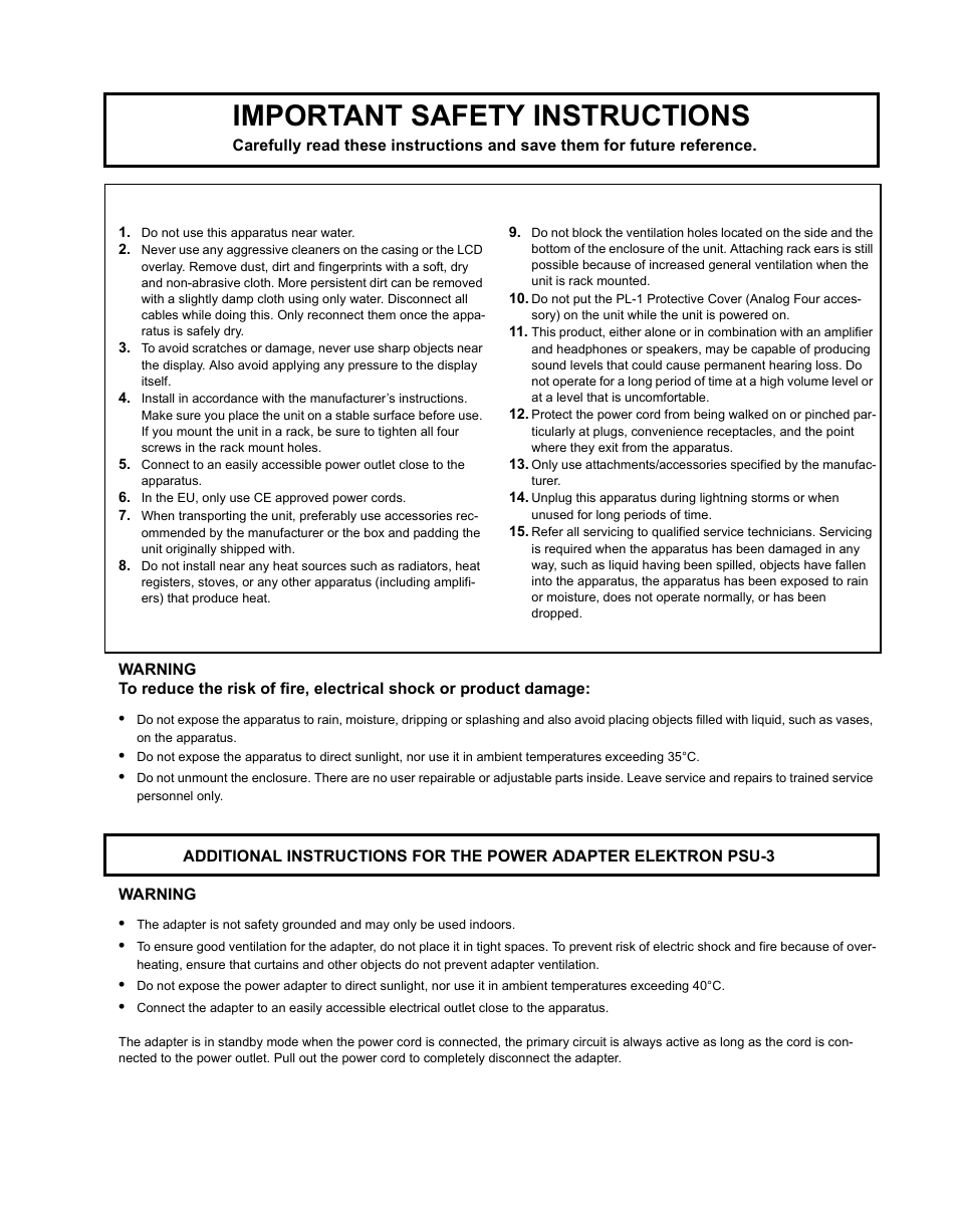 Important safety instructions | Elektron Analog Four User Manual | Page 3 / 122