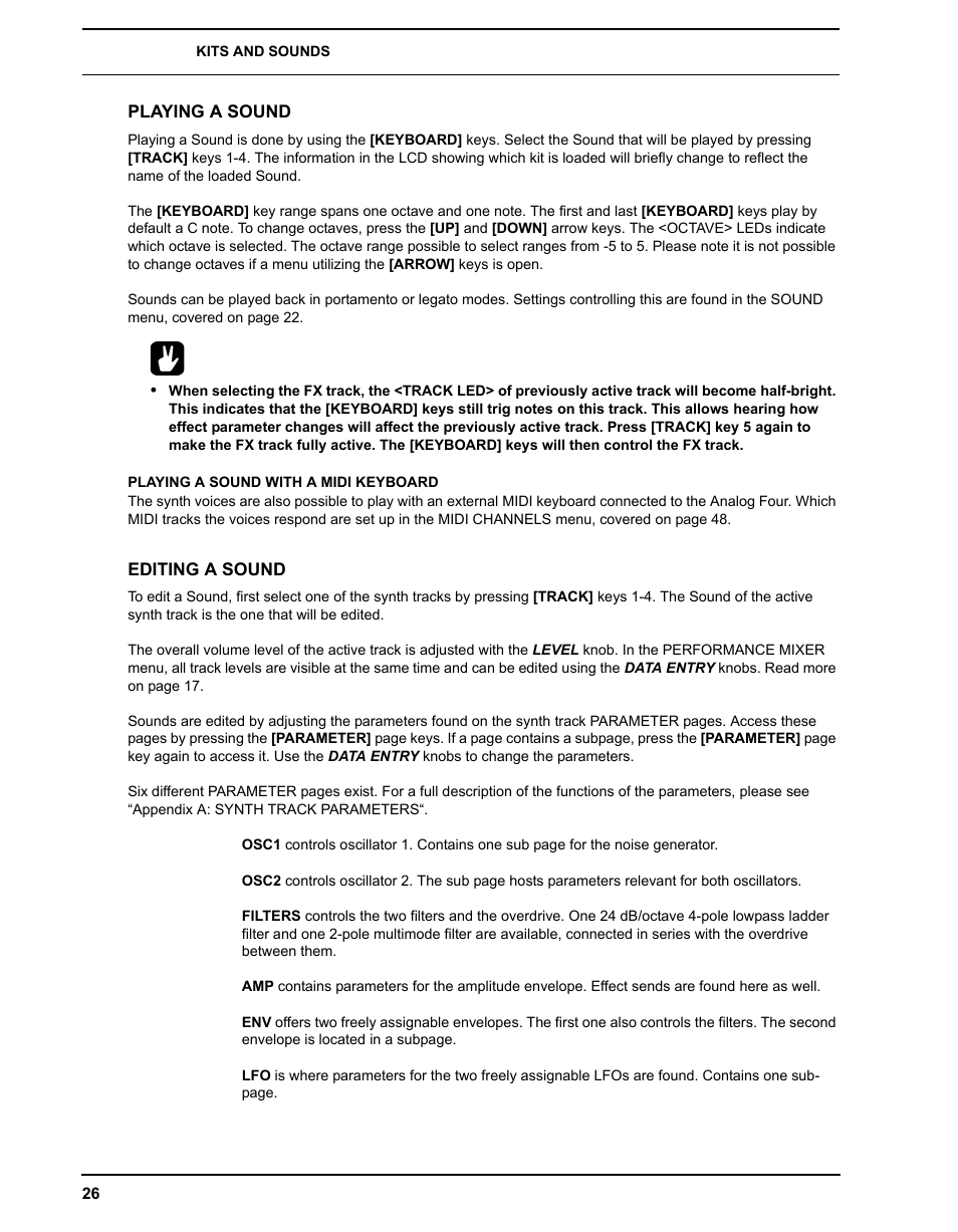 Playing a sound, Playing a sound with a midi keyboard, Editing a sound | Elektron Analog Four User Manual | Page 34 / 122