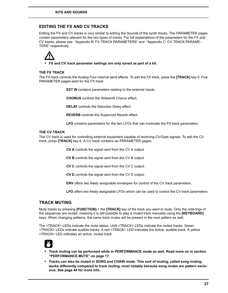 Editing the fx and cv tracks, The fx track, The cv track | Track muting, The fx track the cv track | Elektron Analog Four User Manual | Page 35 / 122