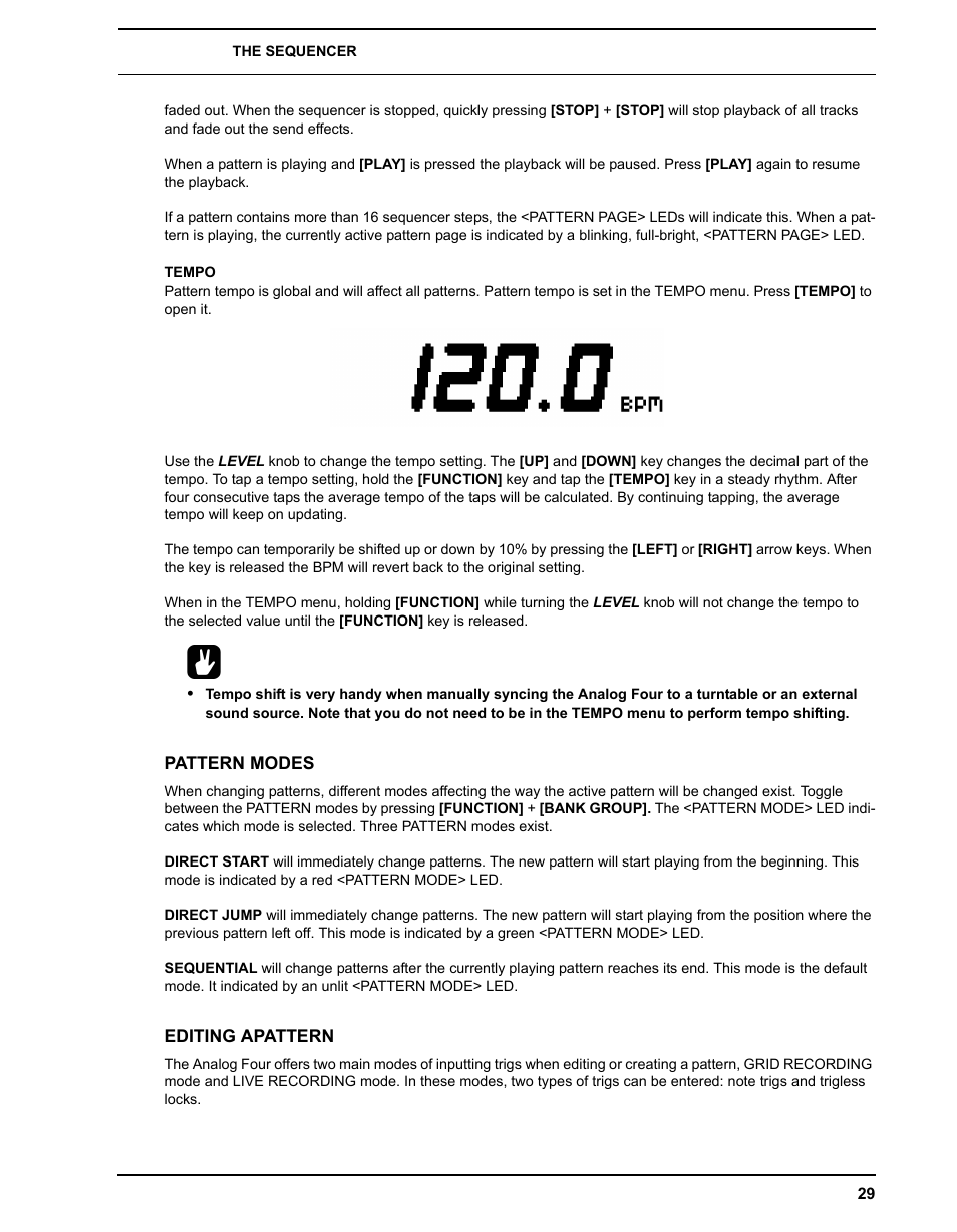 Tempo, Pattern modes, Editing apattern | Pattern modes editing apattern | Elektron Analog Four User Manual | Page 37 / 122