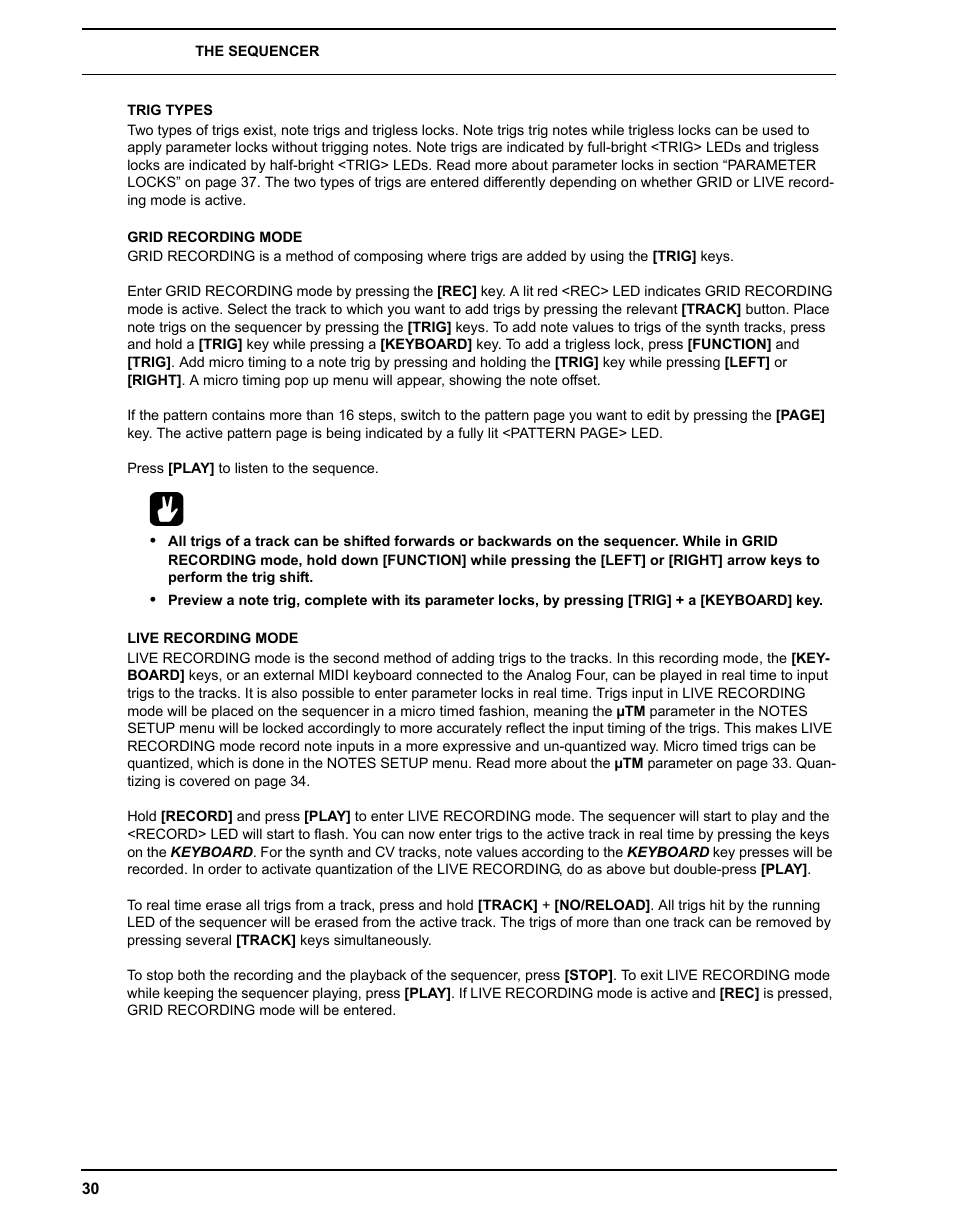 Trig types, Grid recording mode, Live recording mode | Trig types grid recording mode live recording mode | Elektron Analog Four User Manual | Page 38 / 122