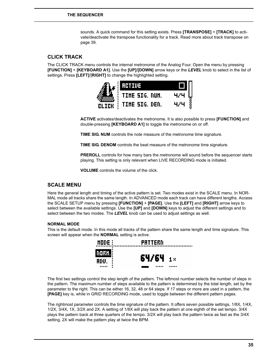 Click track, Scale menu, Normal mode | Click track scale menu | Elektron Analog Four User Manual | Page 43 / 122