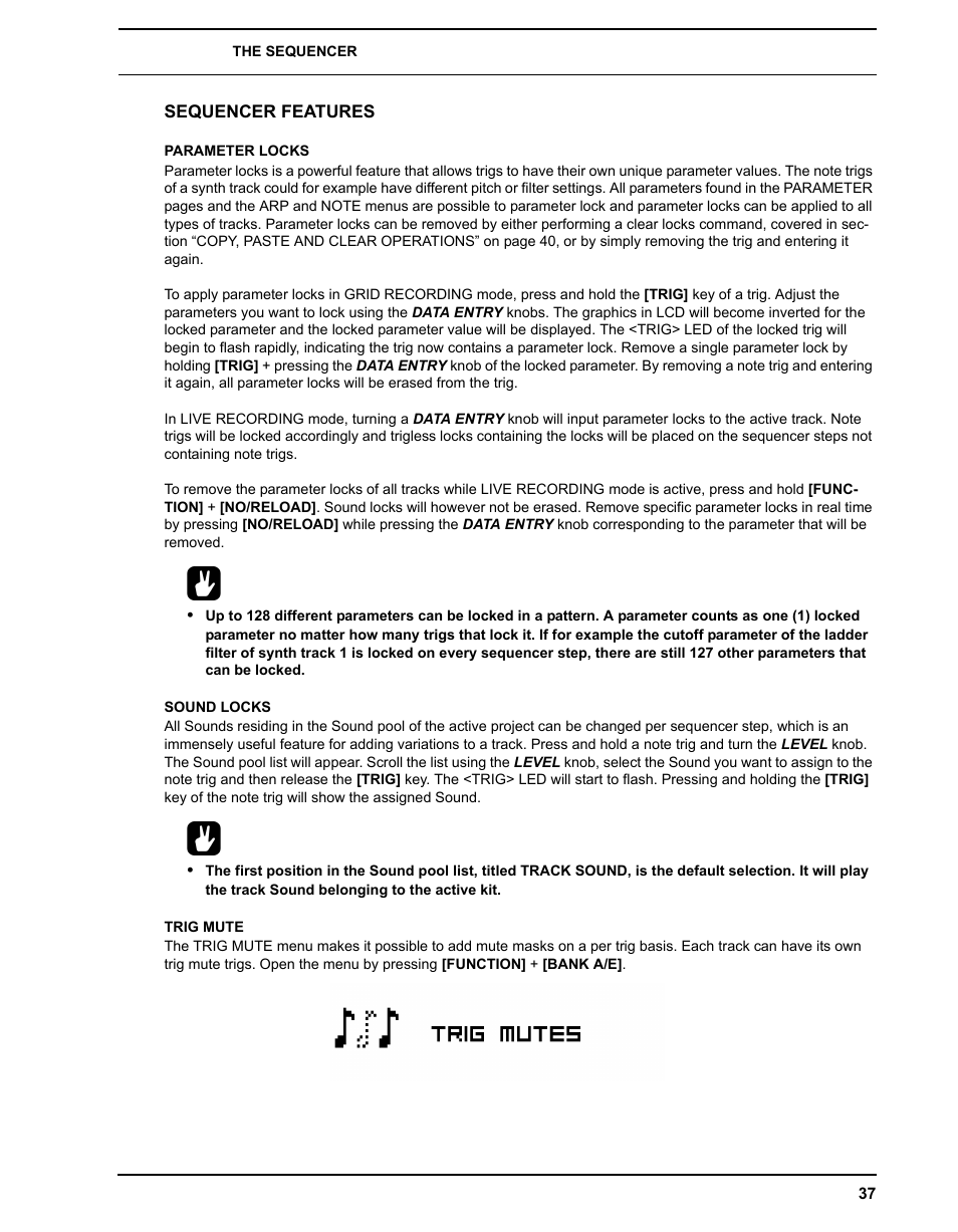 Sequencer features, Parameter locks, Sound locks | Trig mute, Parameter locks sound locks trig mute | Elektron Analog Four User Manual | Page 45 / 122