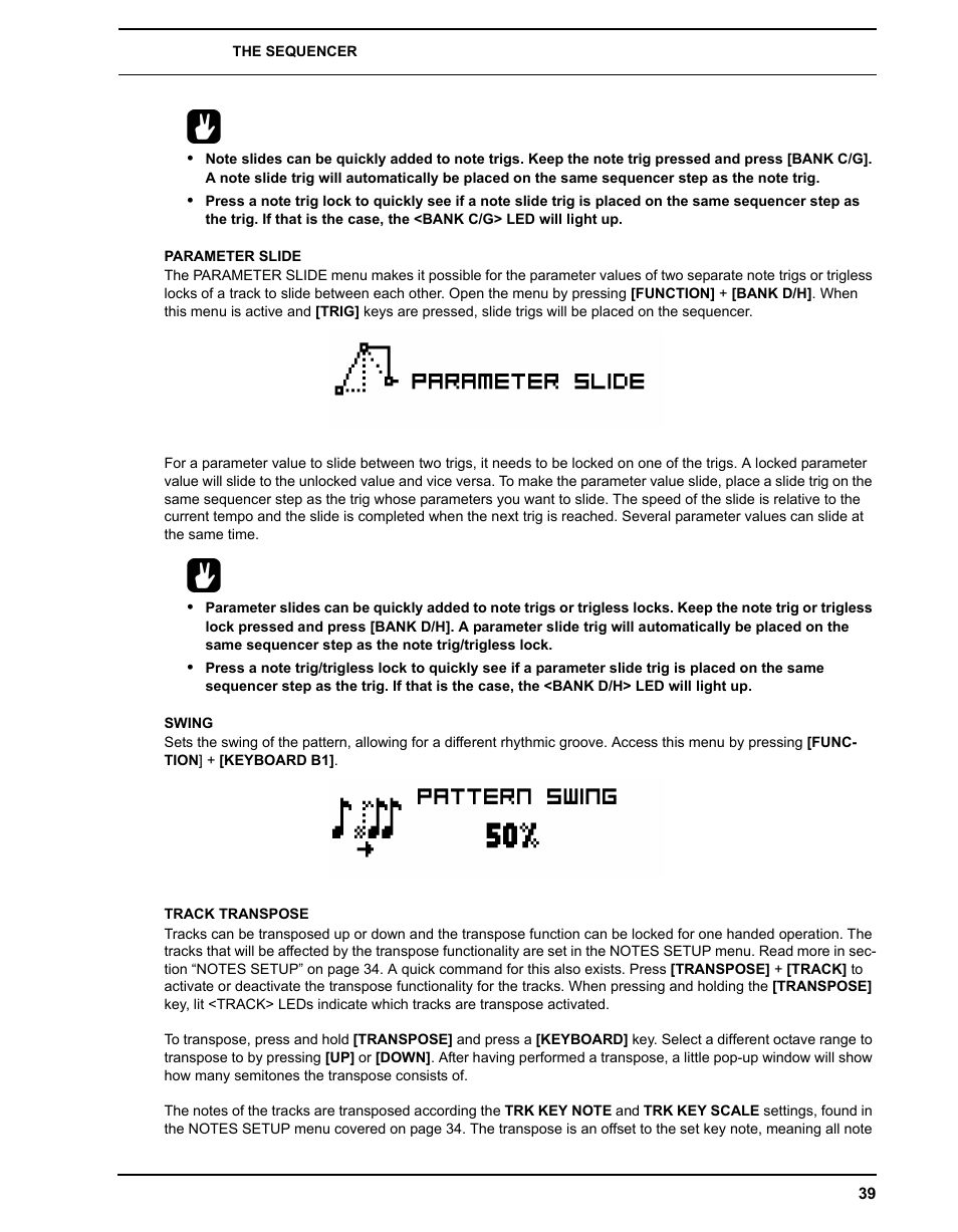 Parameter slide, Swing, Track transpose | Parameter slide swing track transpose | Elektron Analog Four User Manual | Page 47 / 122