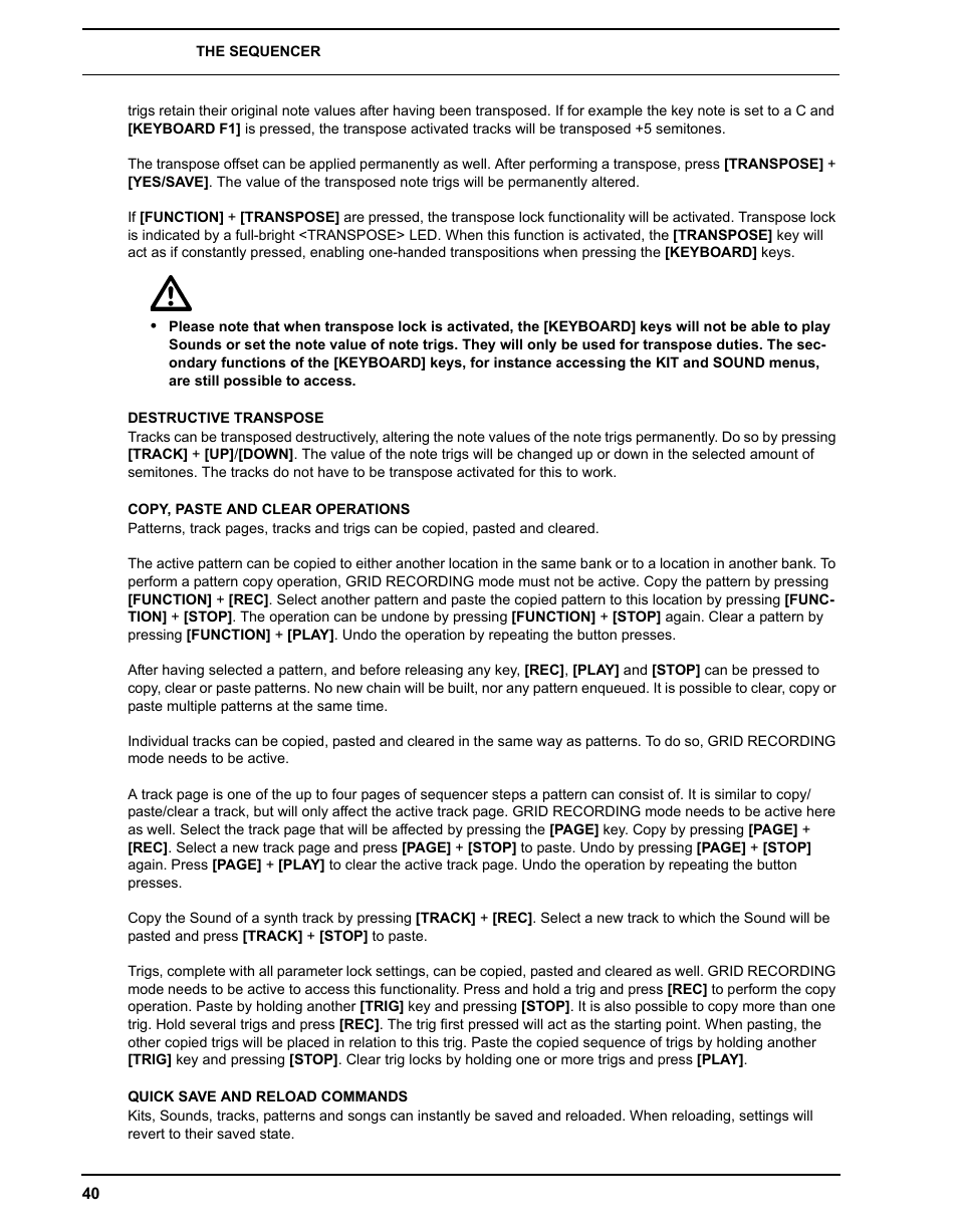 Destructive transpose, Copy, paste and clear operations, Quick save and reload commands | Elektron Analog Four User Manual | Page 48 / 122