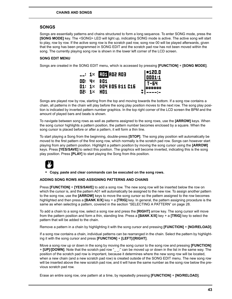 Songs, Song edit menu, Adding song rows and assigning patterns and chains | Elektron Analog Four User Manual | Page 51 / 122