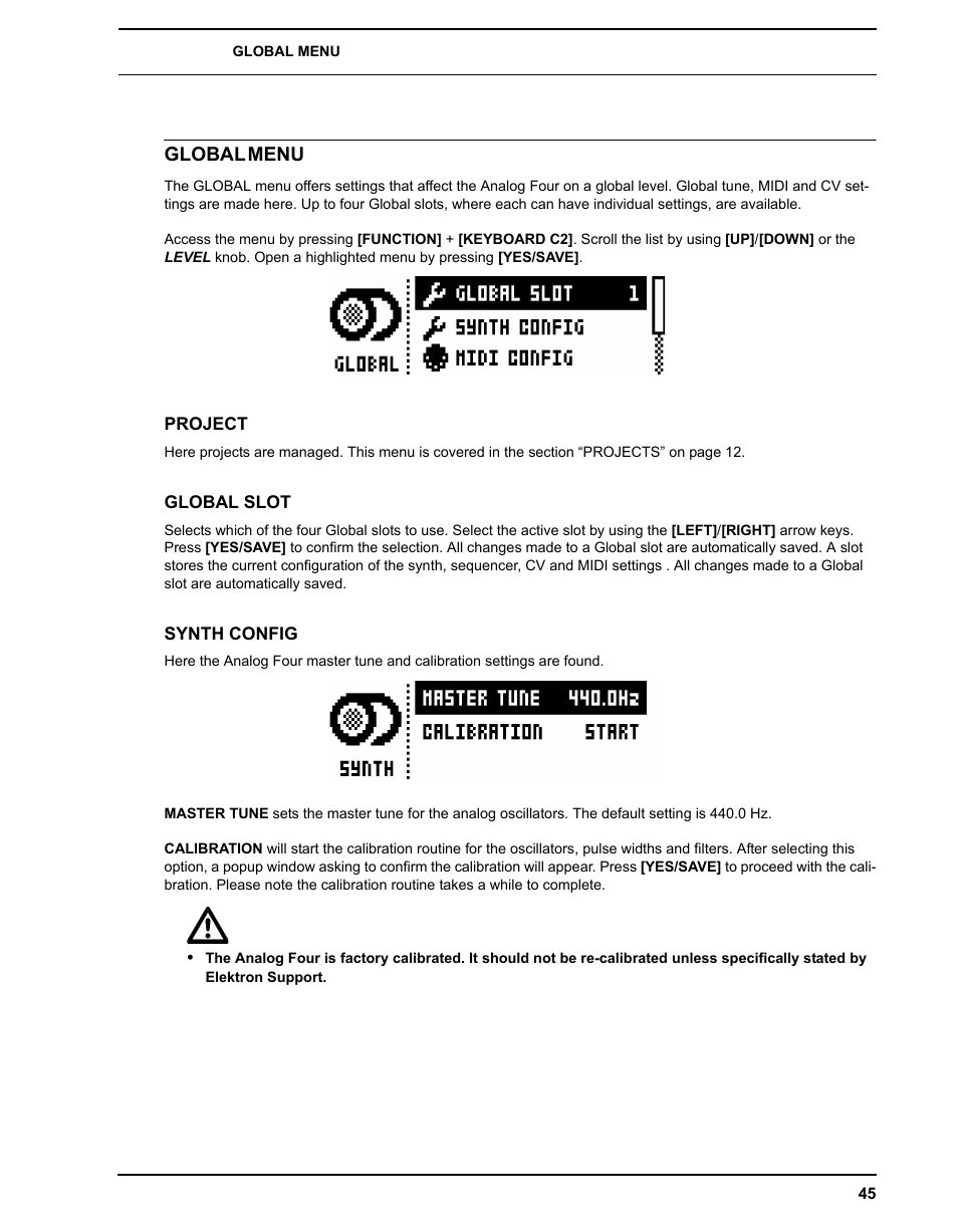 Global menu, Project, Global slot | Synth config, Project global slot synth config | Elektron Analog Four User Manual | Page 53 / 122