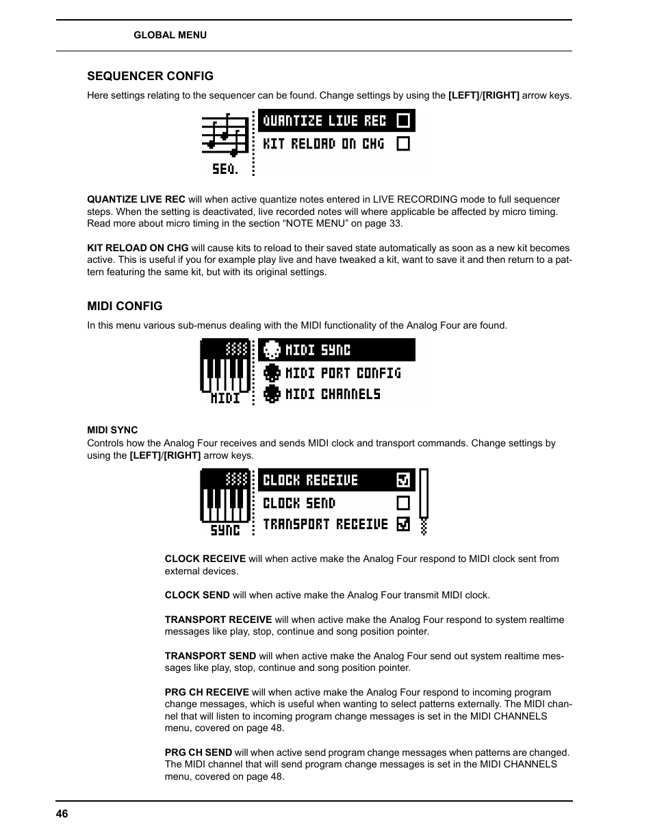 Sequencer config, Midi config, Midi sync | Sequencer config midi config | Elektron Analog Four User Manual | Page 54 / 122