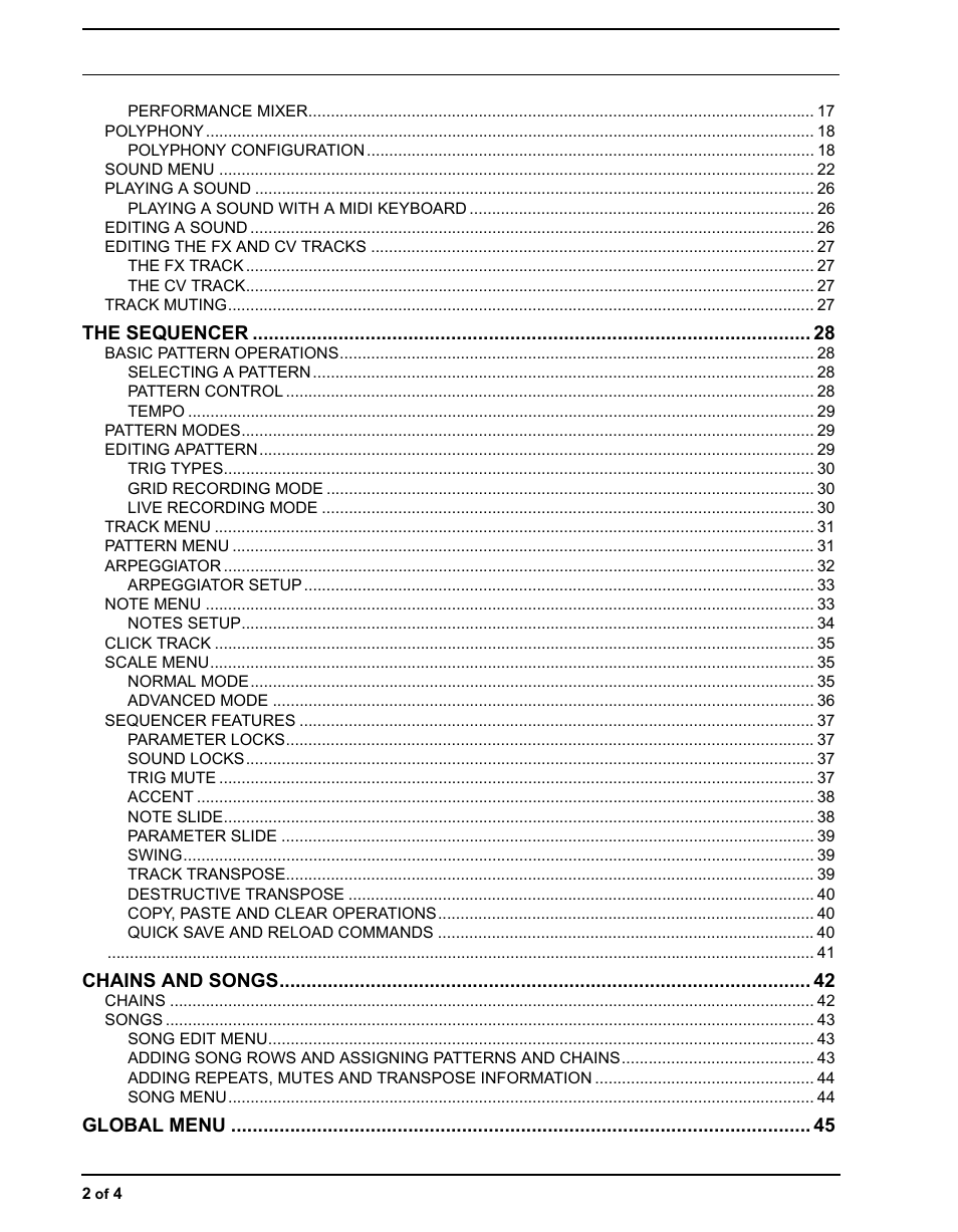 The sequencer, Chains and songs, Global menu | Elektron Analog Four User Manual | Page 6 / 122