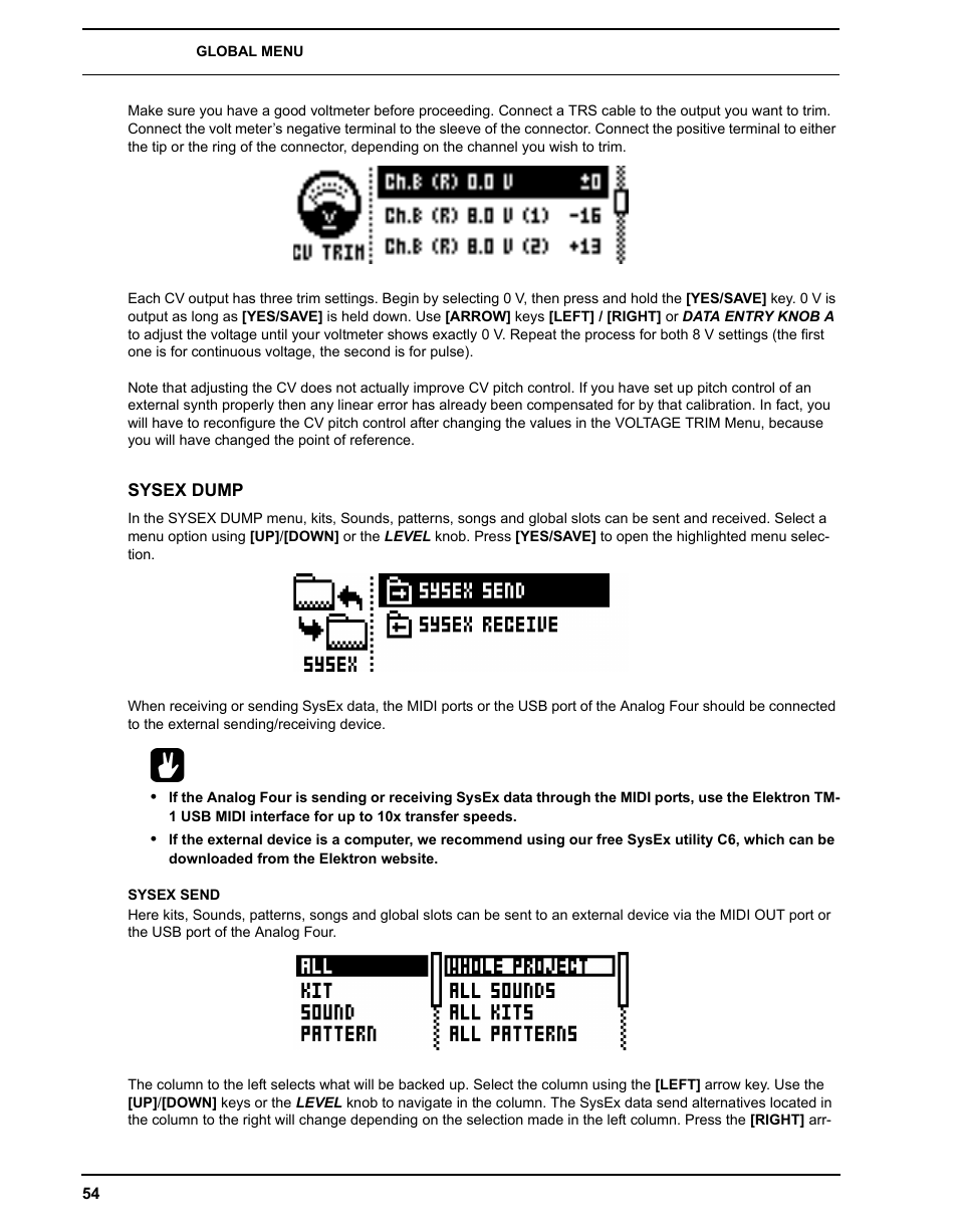 Sysex dump, Sysex send | Elektron Analog Four User Manual | Page 62 / 122