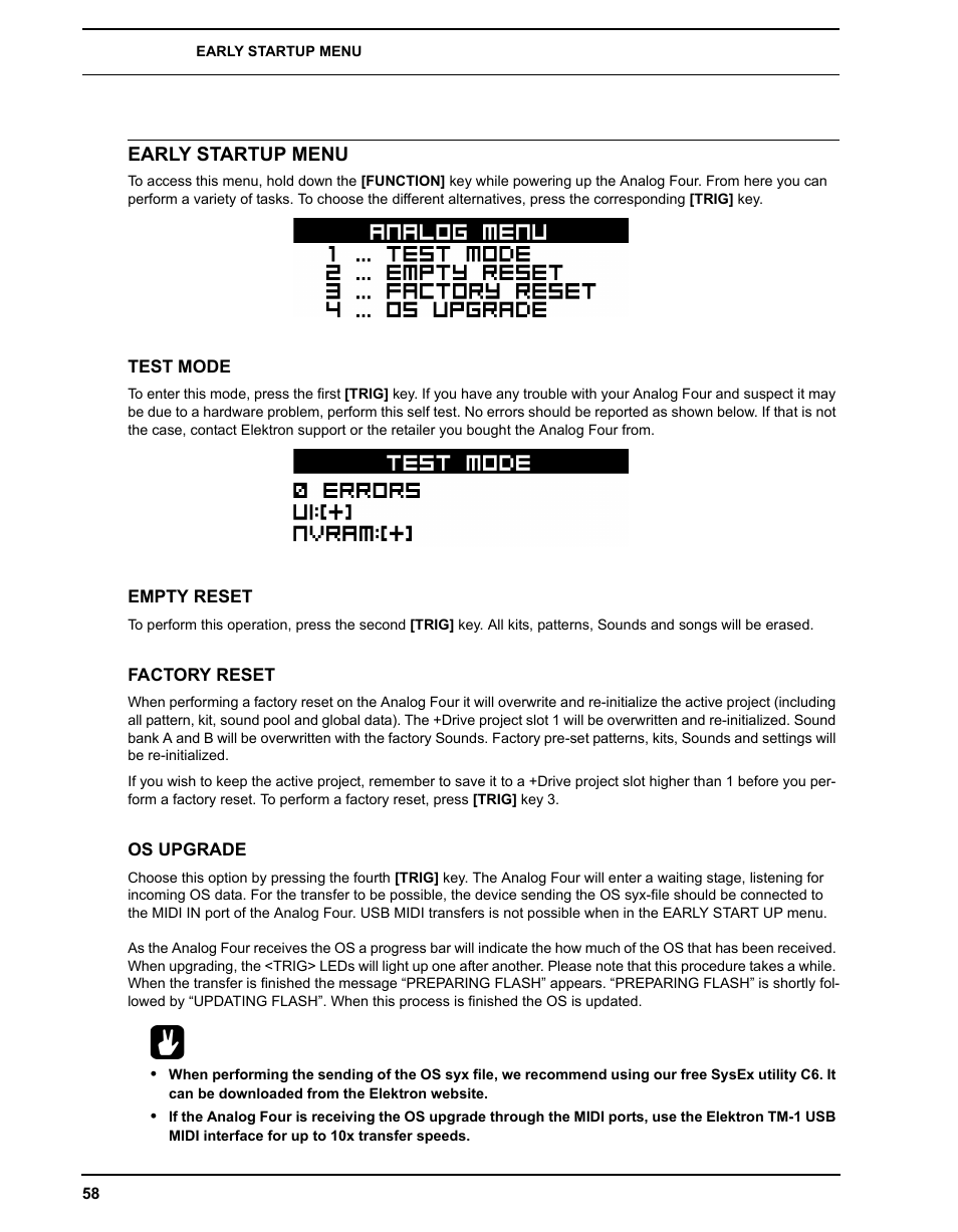 Early startup menu, Test mode, Empty reset | Factory reset, Os upgrade, Test mode empty reset factory reset os upgrade | Elektron Analog Four User Manual | Page 66 / 122