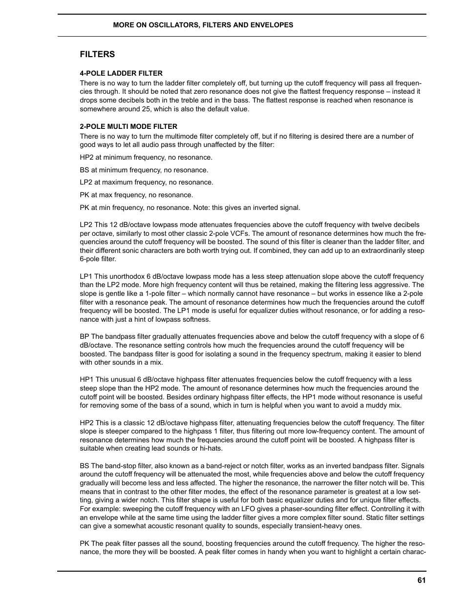 Filters, Pole ladder filter, Pole multi mode filter | Pole ladder filter 2-pole multi mode filter | Elektron Analog Four User Manual | Page 69 / 122