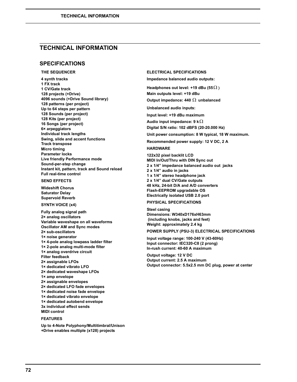 Technical information, Specifications | Elektron Analog Four User Manual | Page 80 / 122