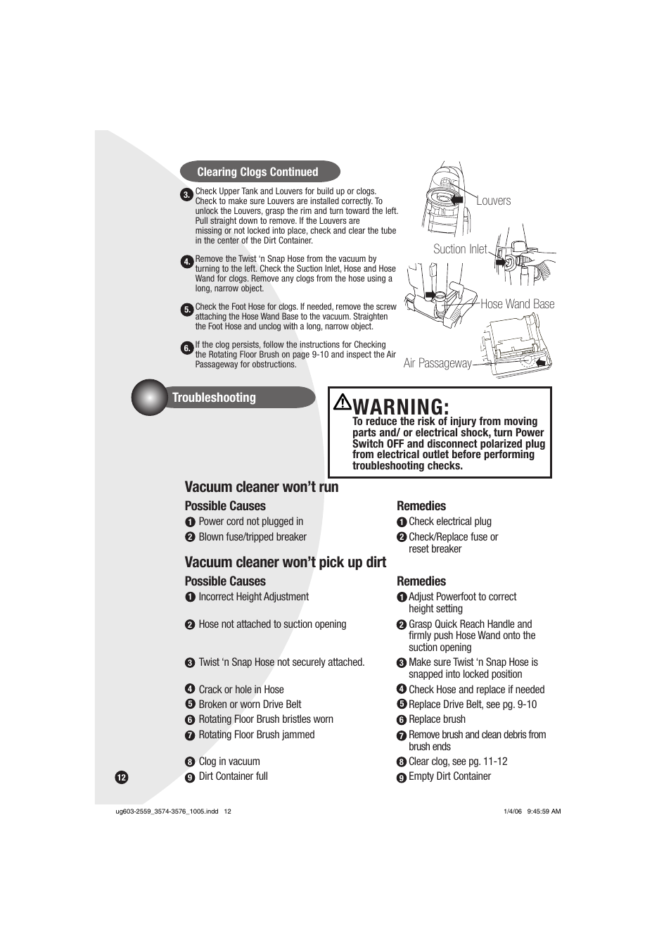 Warning, Vacuum cleaner won’t run, Vacuum cleaner won’t pick up dirt | Troubleshooting, Possible causes, Remedies | Bissell 3574 User Manual | Page 12 / 16