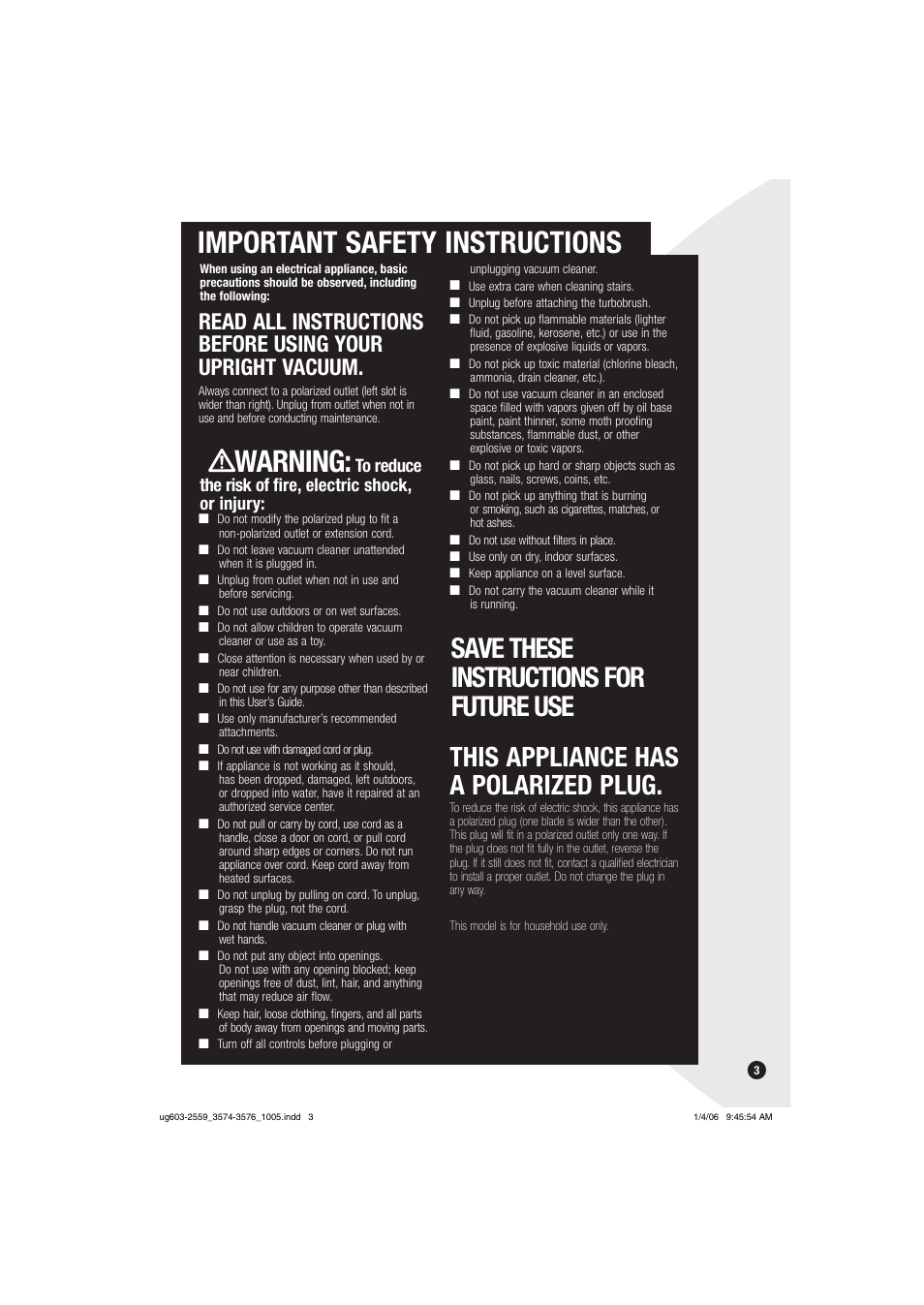 Important safety instructions, Warning | Bissell 3574 User Manual | Page 3 / 16