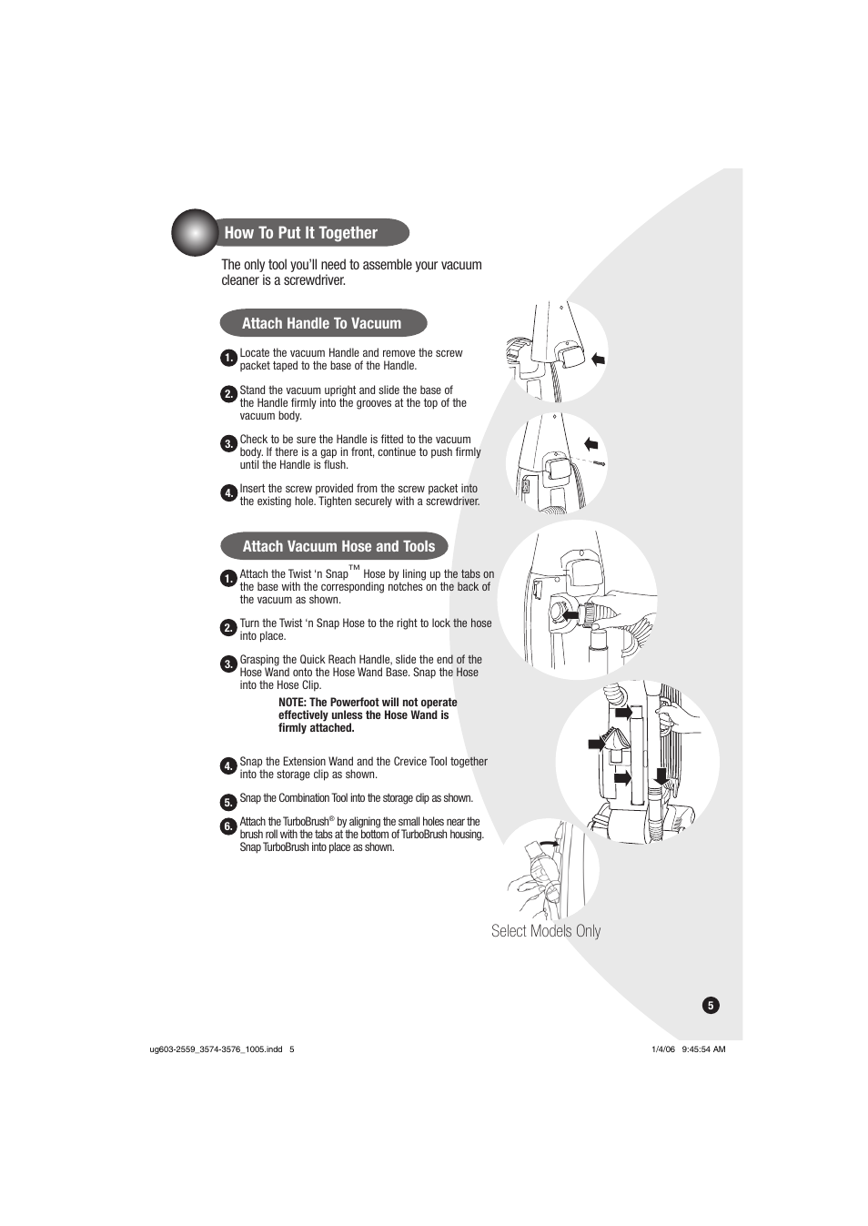 How to put it together, Select models only, Attach handle to vacuum | Attach vacuum hose and tools | Bissell 3574 User Manual | Page 5 / 16