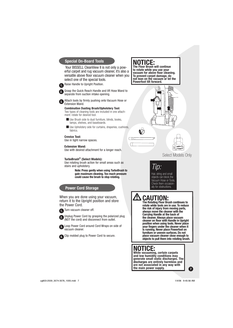 Caution, Notice, Select models only | Bissell 3574 User Manual | Page 7 / 16