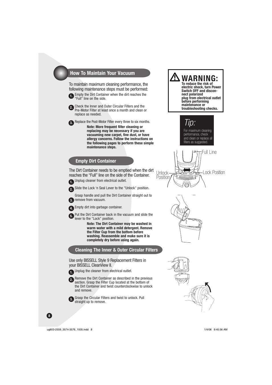 Warning, How to maintain your vacuum, Full line lock position unlock position | Bissell 3574 User Manual | Page 8 / 16