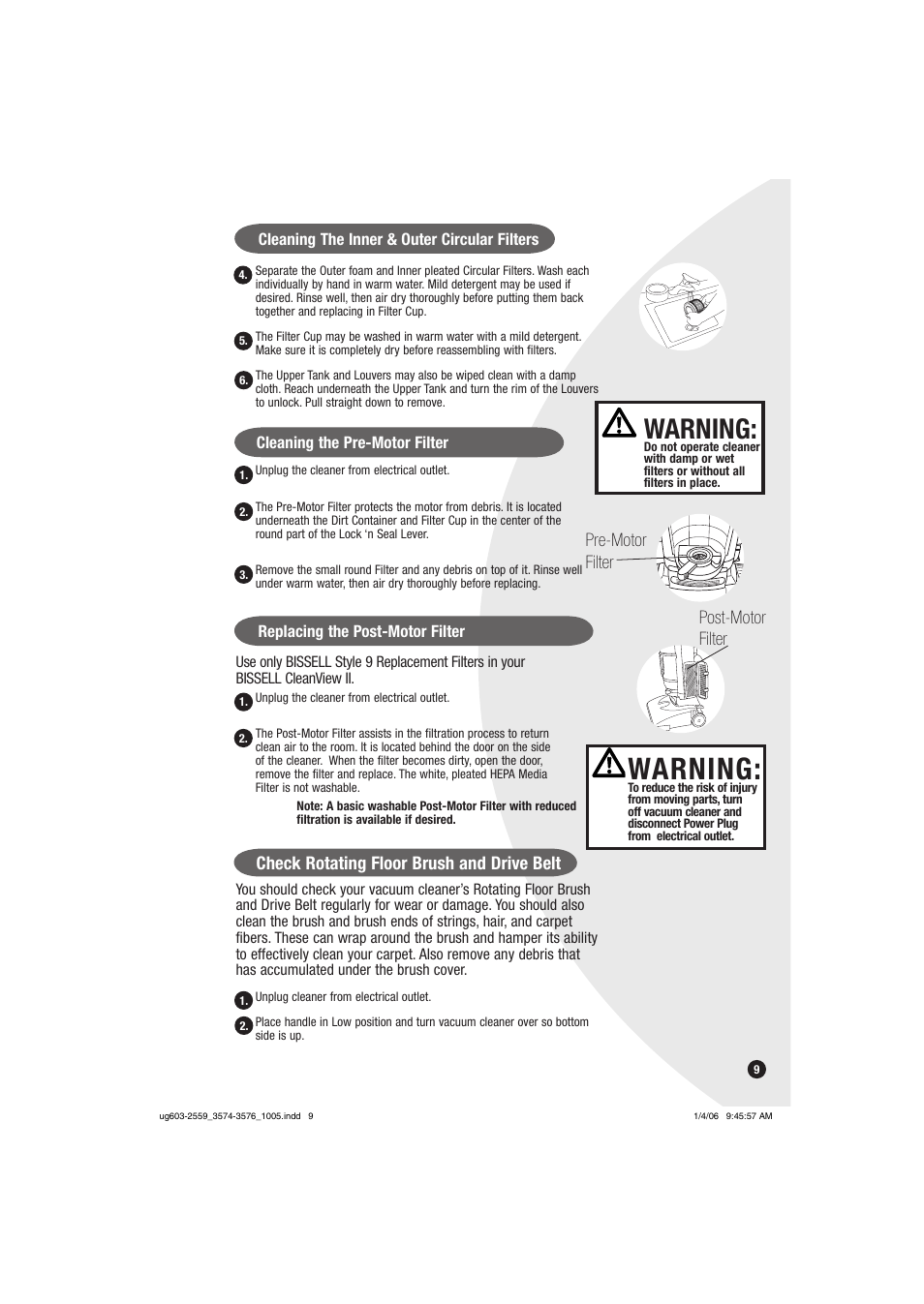 Warning | Bissell 3574 User Manual | Page 9 / 16