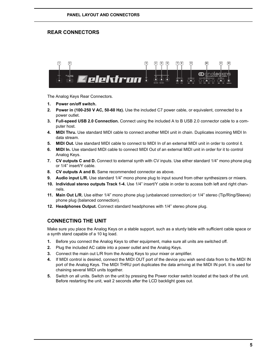 Rear connectors, Connecting the unit, Rear connectors connecting the unit | Elektron Analog Four User Manual | Page 13 / 124