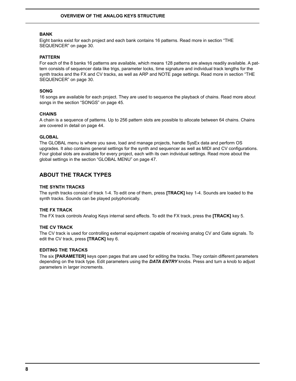 Bank, Pattern, Song | Chains, Global, About the track types, The synth tracks, The fx track, The cv track, Editing the tracks | Elektron Analog Four User Manual | Page 16 / 124