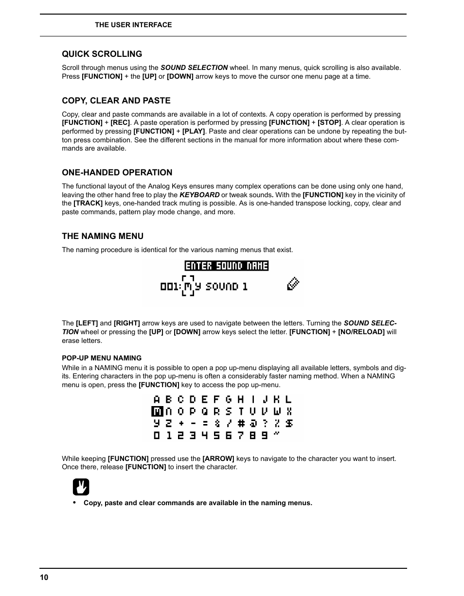 Quick scrolling, Copy, clear and paste, One-handed operation | The naming menu, Pop-up menu naming | Elektron Analog Four User Manual | Page 18 / 124