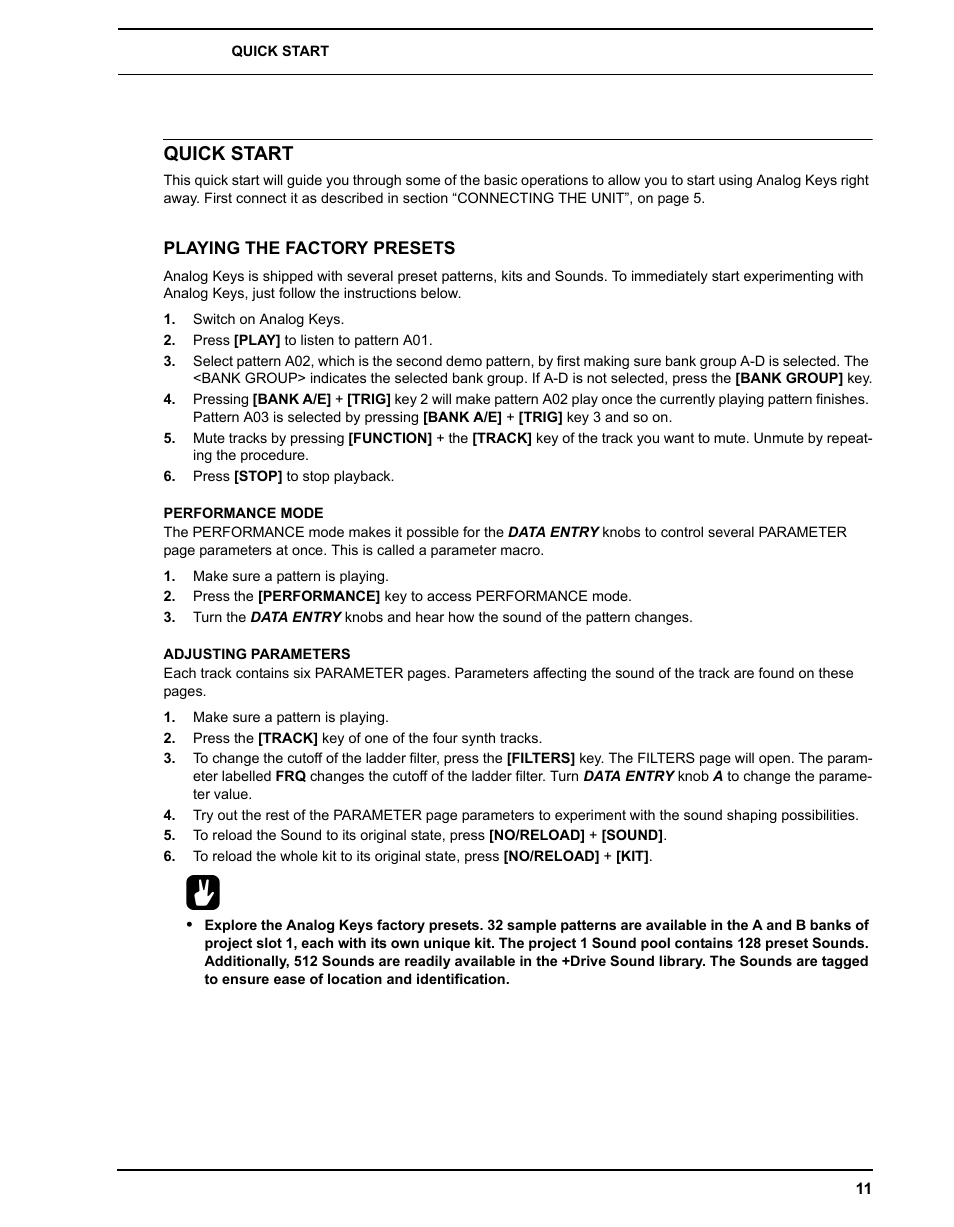 Quick start, Playing the factory presets, Performance mode | Adjusting parameters, Performance mode adjusting parameters | Elektron Analog Four User Manual | Page 19 / 124