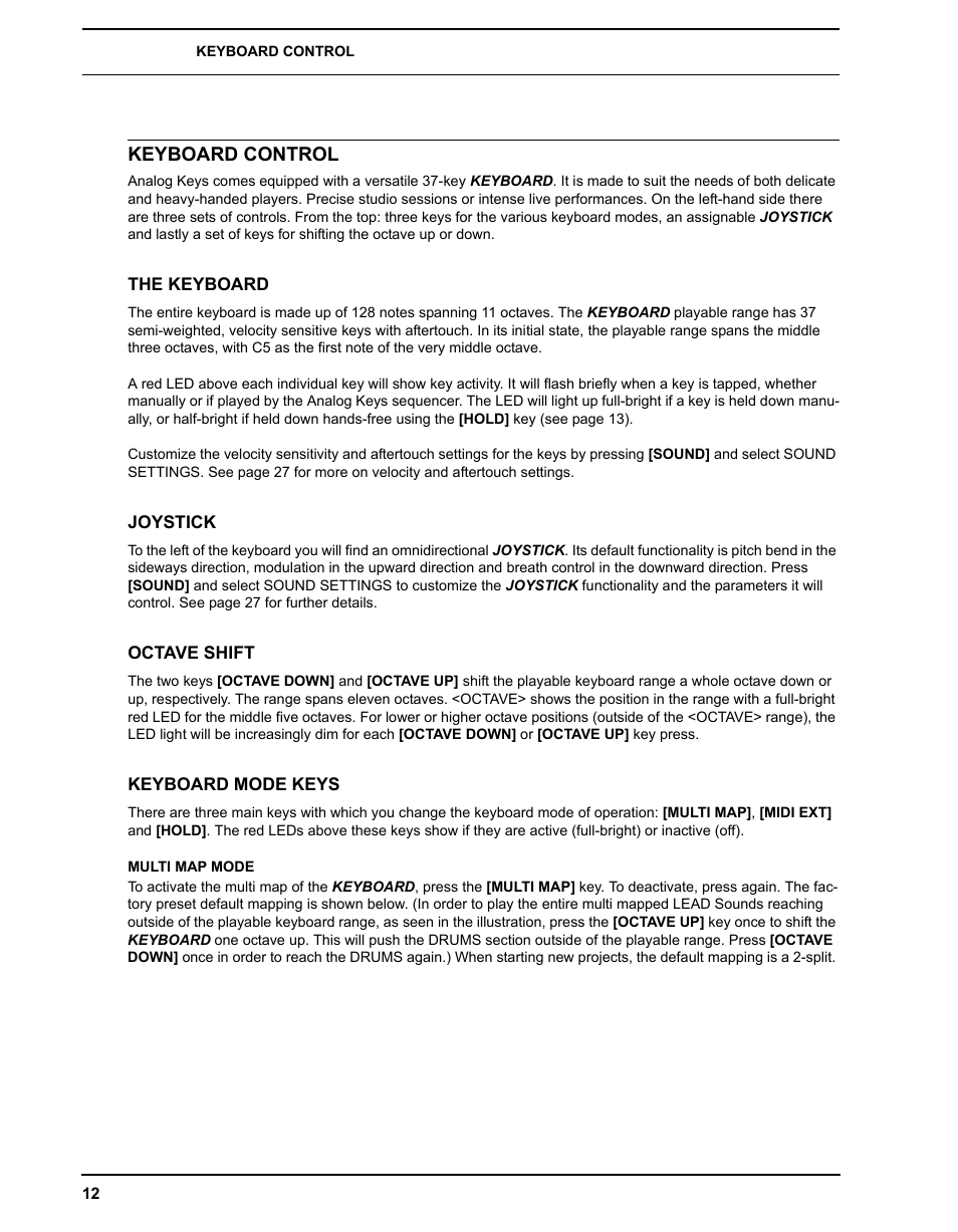 Keyboard control, The keyboard, Joystick | Octave shift, Keyboard mode keys, Multi map mode | Elektron Analog Four User Manual | Page 20 / 124