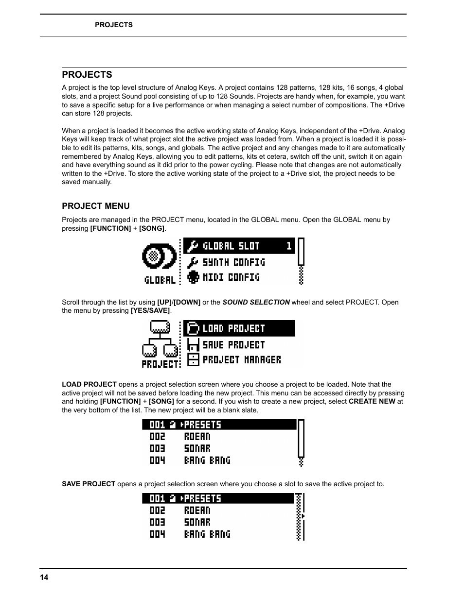 Projects, Project menu | Elektron Analog Four User Manual | Page 22 / 124