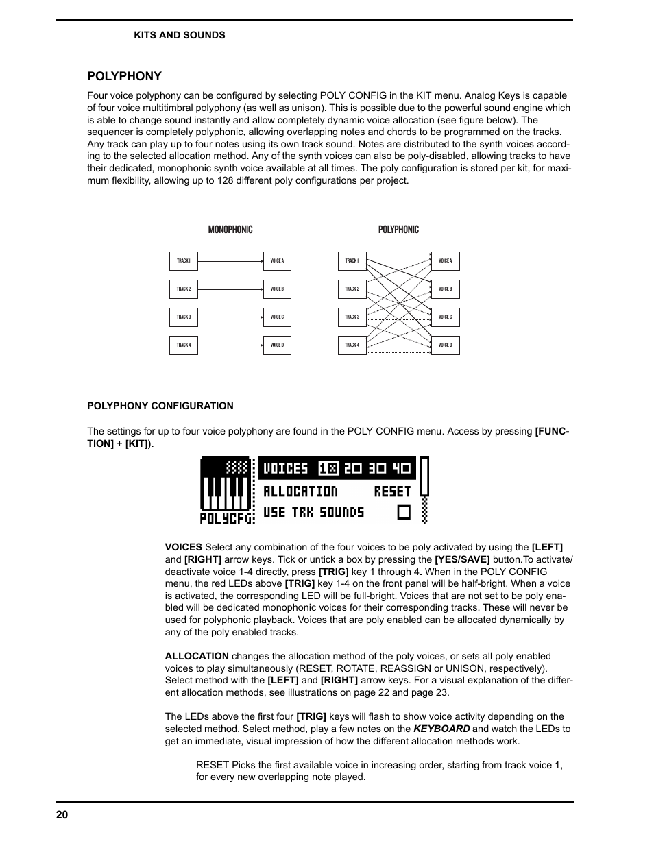 Polyphony, Polyphony configuration, Monophonic polyphonic | Elektron Analog Four User Manual | Page 28 / 124