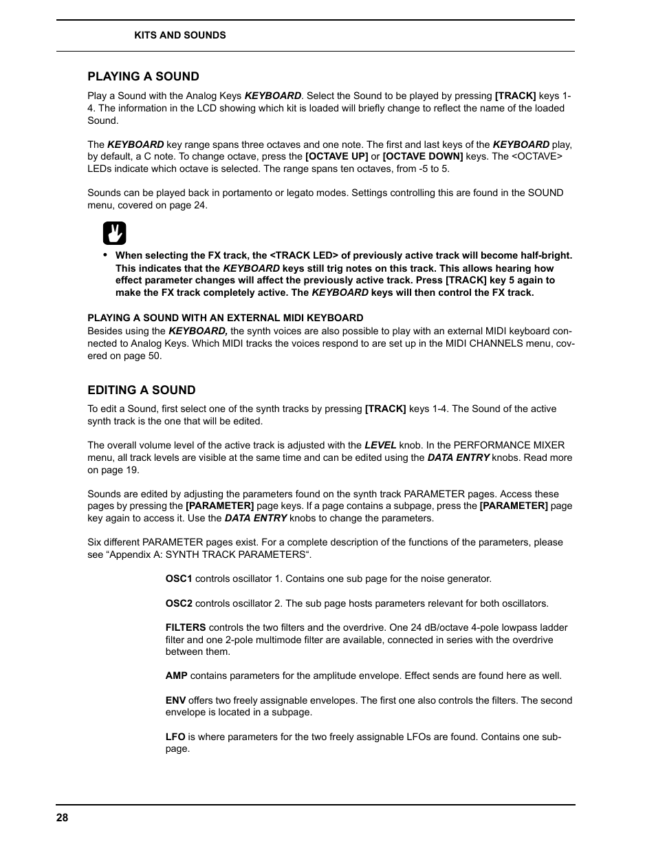 Playing a sound, Playing a sound with an external midi keyboard, Editing a sound | Elektron Analog Four User Manual | Page 36 / 124
