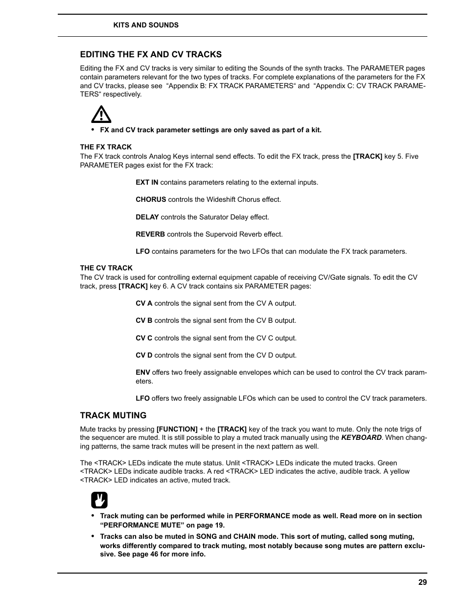 Editing the fx and cv tracks, The fx track, The cv track | Track muting, The fx track the cv track | Elektron Analog Four User Manual | Page 37 / 124