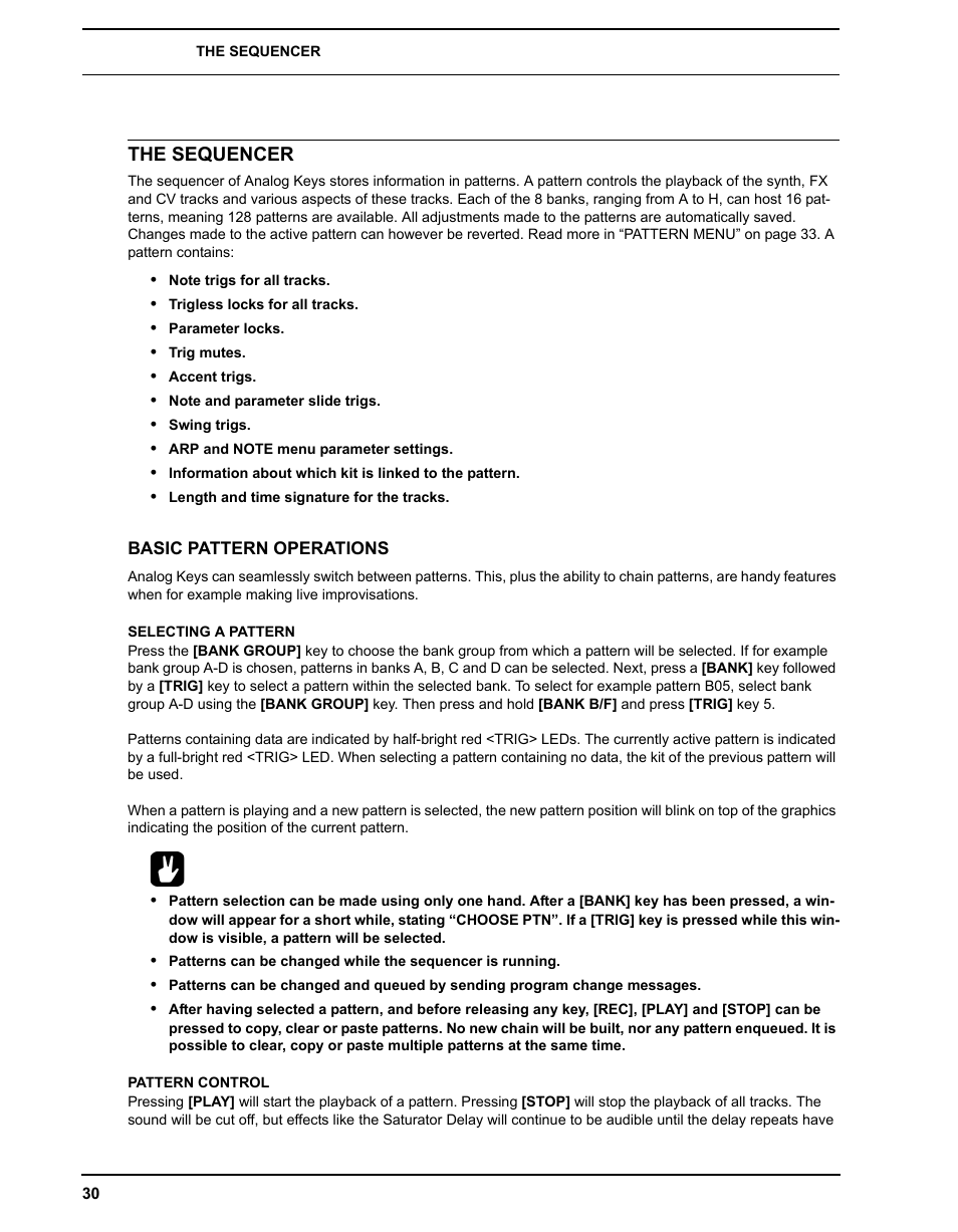 The sequencer, Basic pattern operations, Selecting a pattern | Pattern control, Selecting a pattern pattern control | Elektron Analog Four User Manual | Page 38 / 124