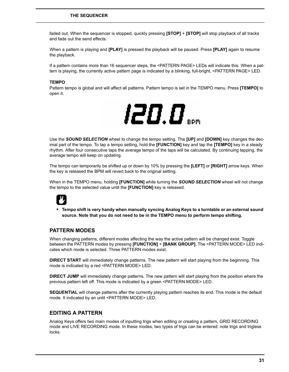 Tempo, Pattern modes, Editing a pattern | Pattern modes editing a pattern | Elektron Analog Four User Manual | Page 39 / 124