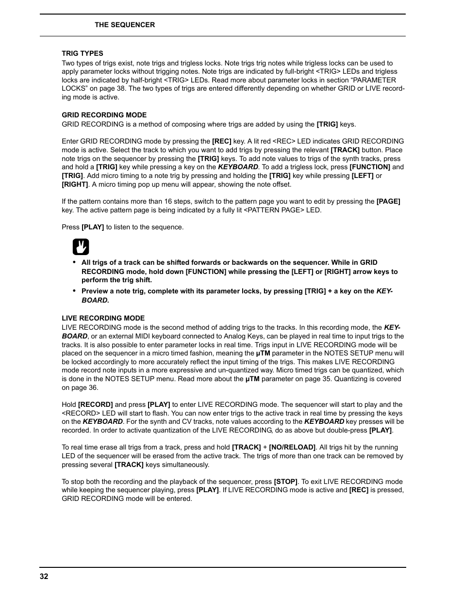 Trig types, Grid recording mode, Live recording mode | Trig types grid recording mode live recording mode | Elektron Analog Four User Manual | Page 40 / 124