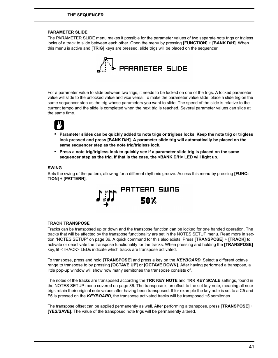Parameter slide, Swing, Track transpose | Parameter slide swing track transpose | Elektron Analog Four User Manual | Page 49 / 124