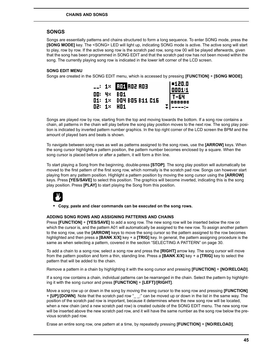 Songs, Song edit menu, Adding song rows and assigning patterns and chains | Elektron Analog Four User Manual | Page 53 / 124